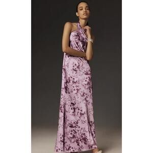 BHLDN Ruby Twist Halter Satin Gown Lilac Pink Floral Size 12 Formal Maxi Dress
